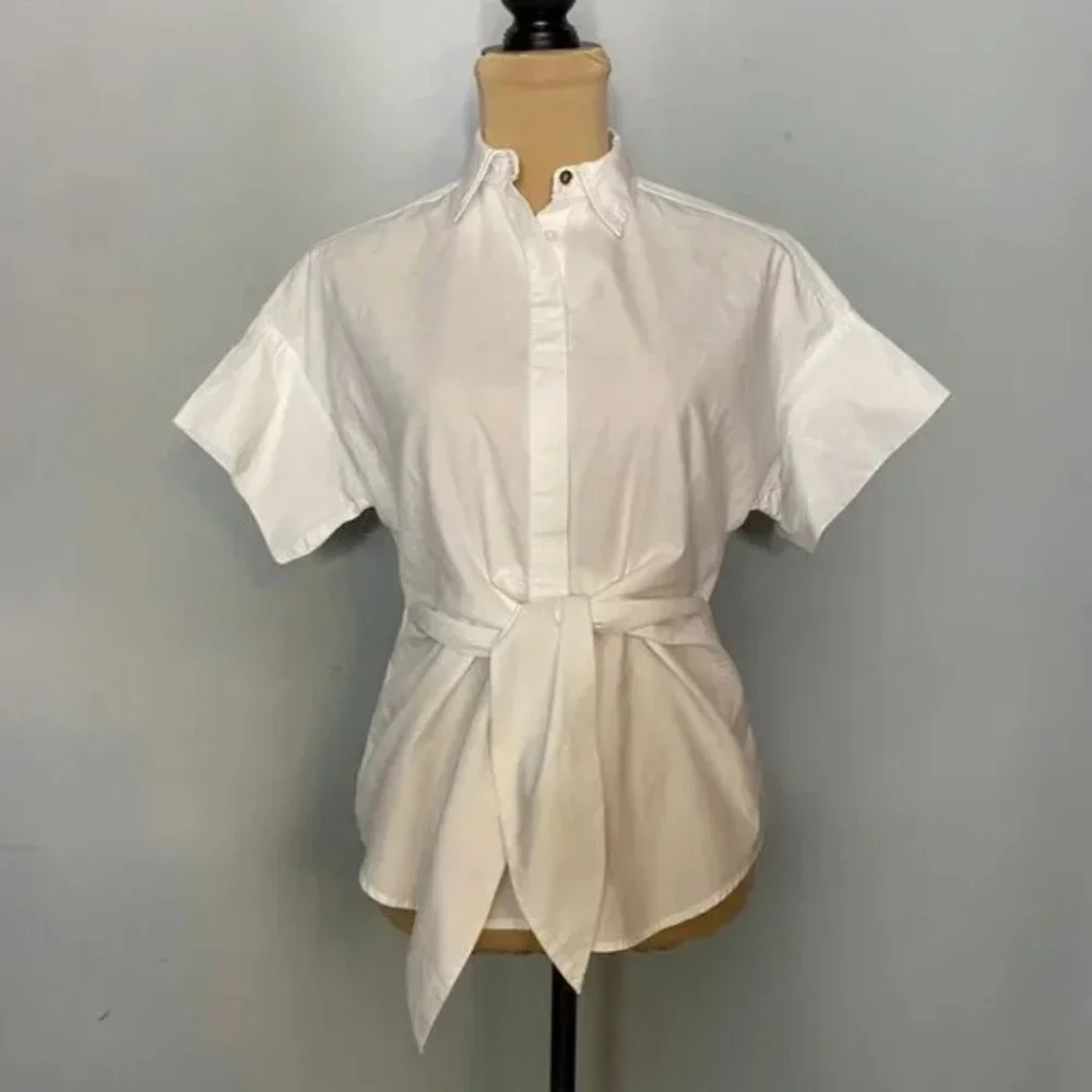 LAUREN Ralph Lauren Tie Front Cotton Short Sleeve Shirt Small Petite - Picture 2 of 8